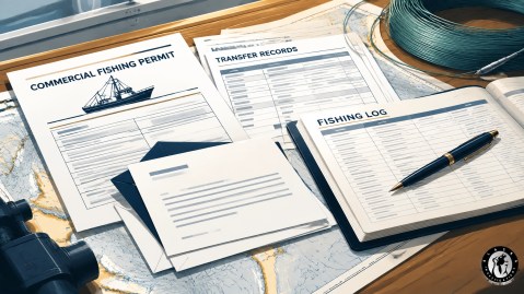 Commercial fishing permit, dated transfer records, correspondence, and a logbook arranged for verification