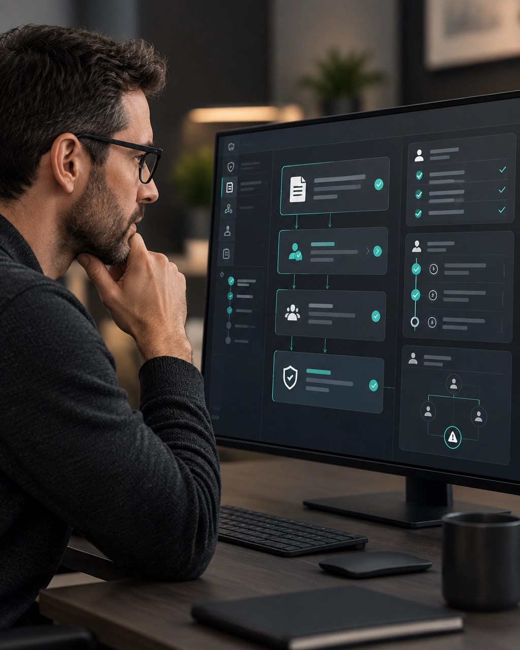 Technical architect reviewing approval gates, permissions and audit trails in a governed AI workflow