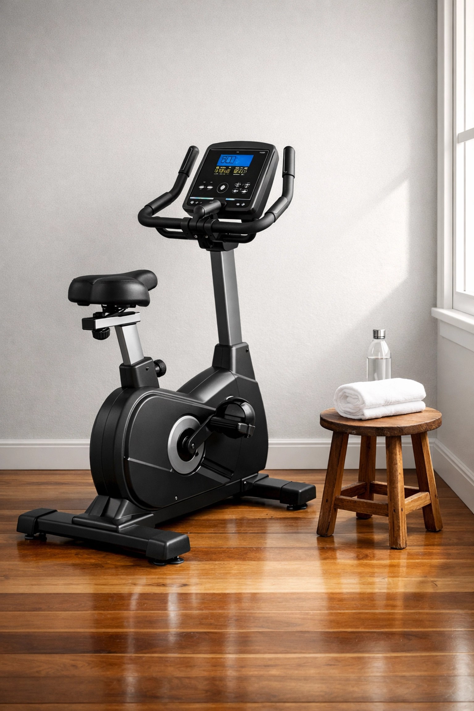 Premium upright bike available for fitness equipment hire in Melbourne, ideal for home injury rehabilitation.