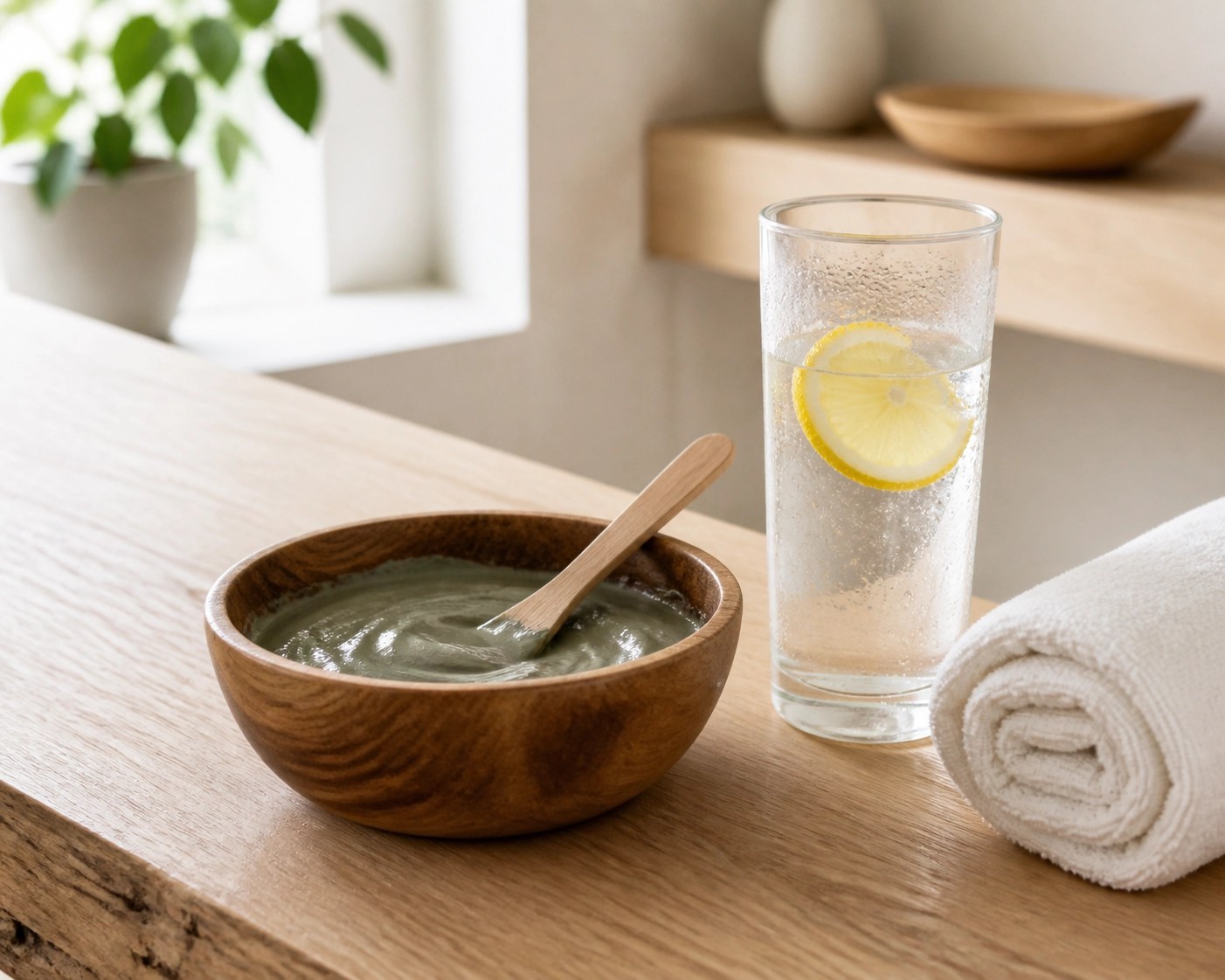 Prepared healing clay paste and a glass of water to support hydration during a detox and recovery routine.