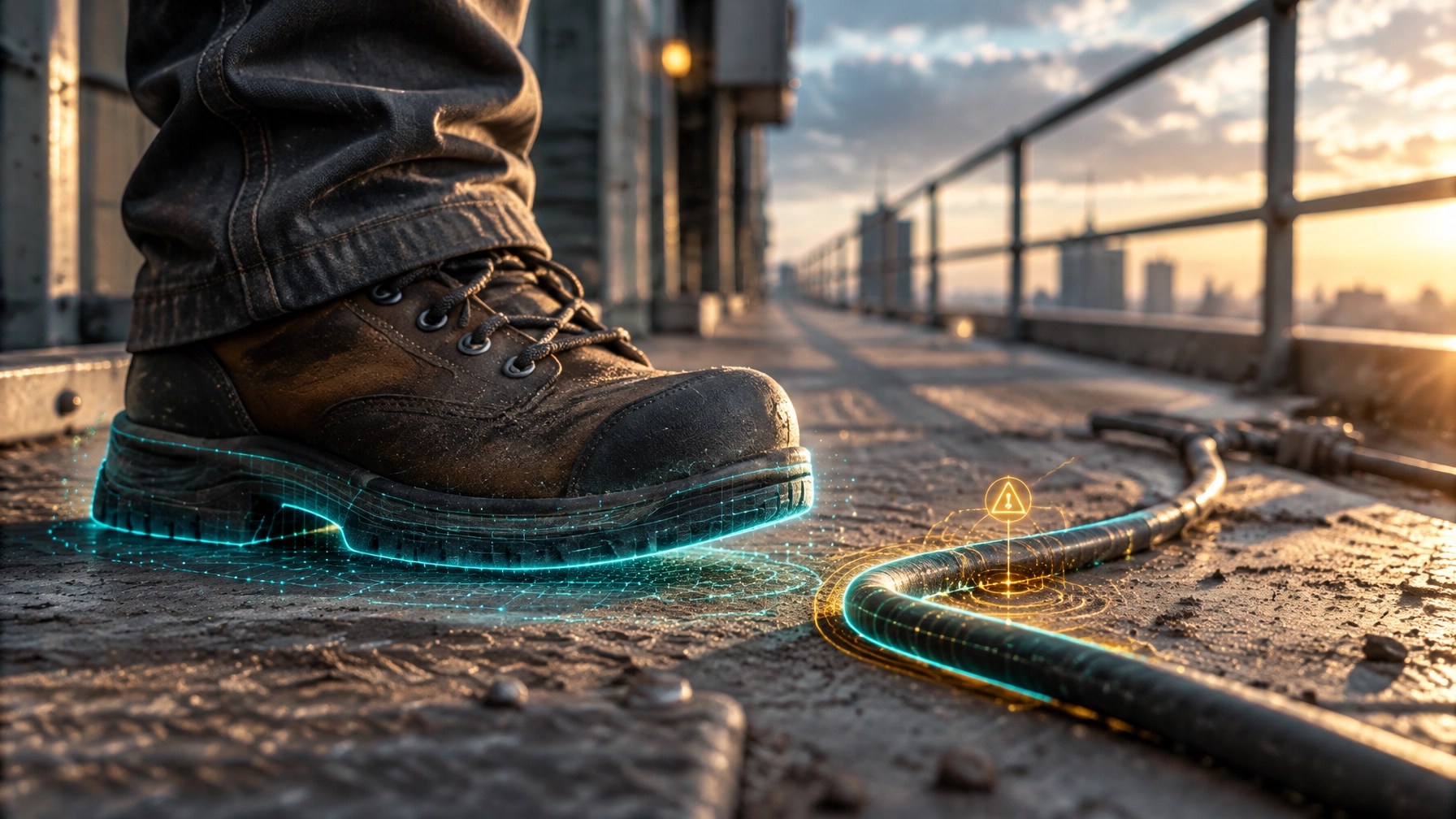 Close-up of a construction boot stopping before a loose cable as a routine trip hazard is brought back into visual attention