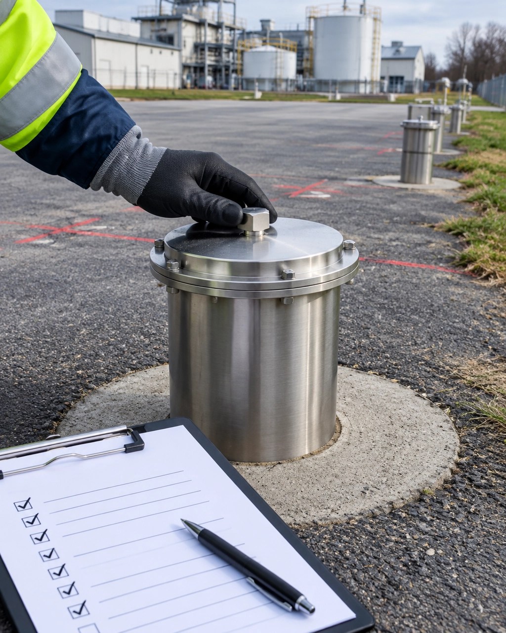 Groundwater monitoring well cap being inspected as part of an ongoing environmental site management plan