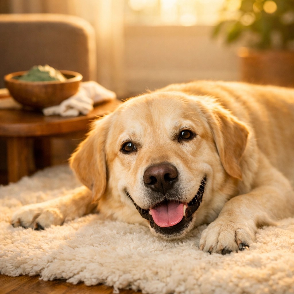A happy, healthy dog resting comfortably after a natural healing clay treatment for skin relief.
