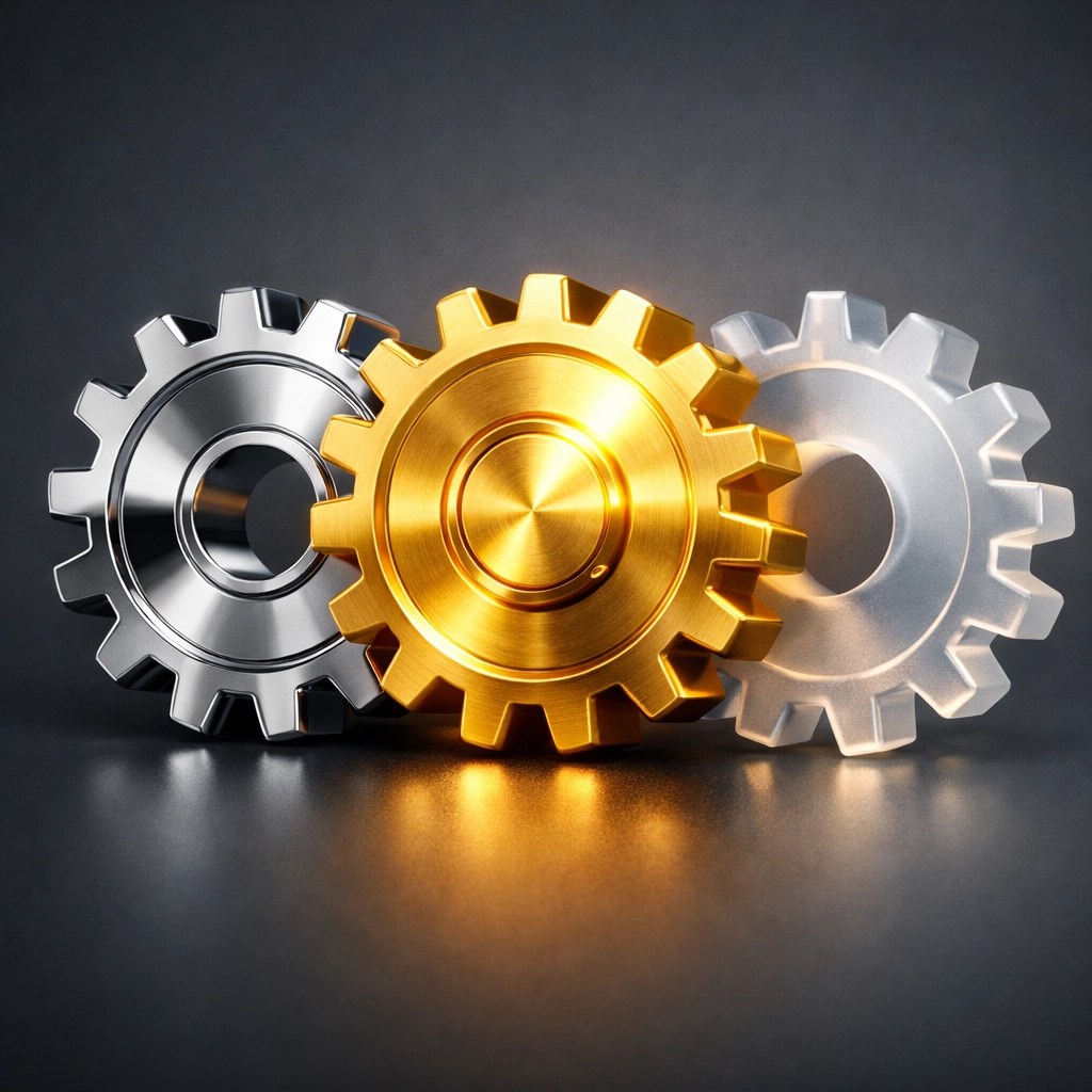Interlocking metallic gears illustrating a protected Northern Georgia business structure and key person insurance.