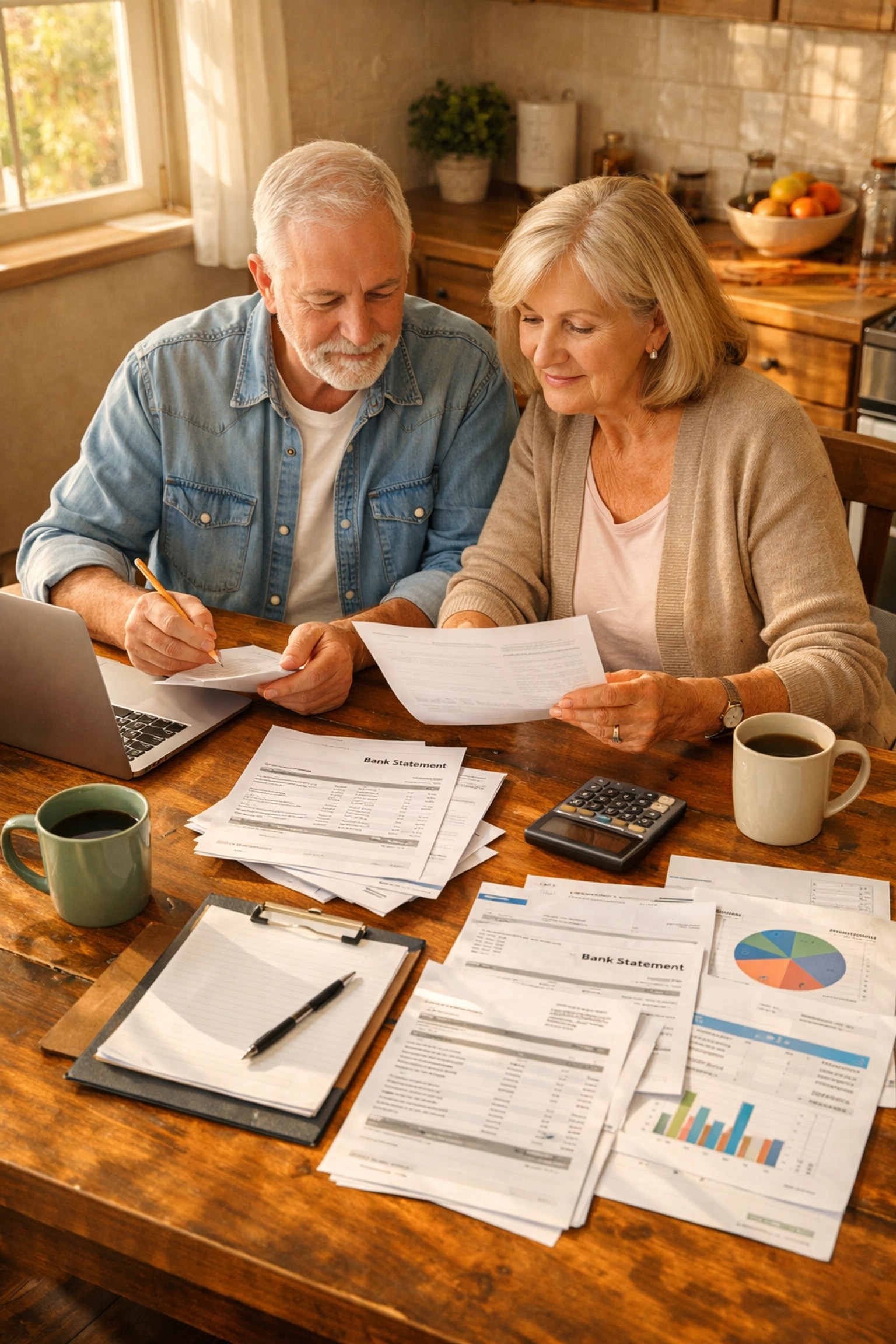 Senior couple organizing estate planning documents at kitchen table to avoid probate