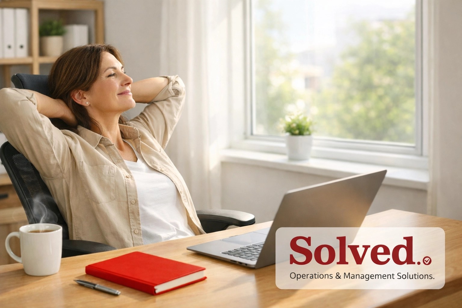 Small business owner in a modern office feeling relieved after outsourcing HR compliance and management.