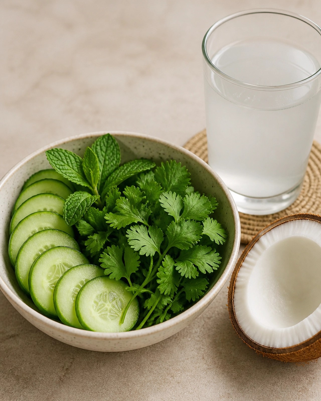 A cooling arrangement of cucumber slices, fresh mint, and coconut water, representing Pitta-balancing nutrition.