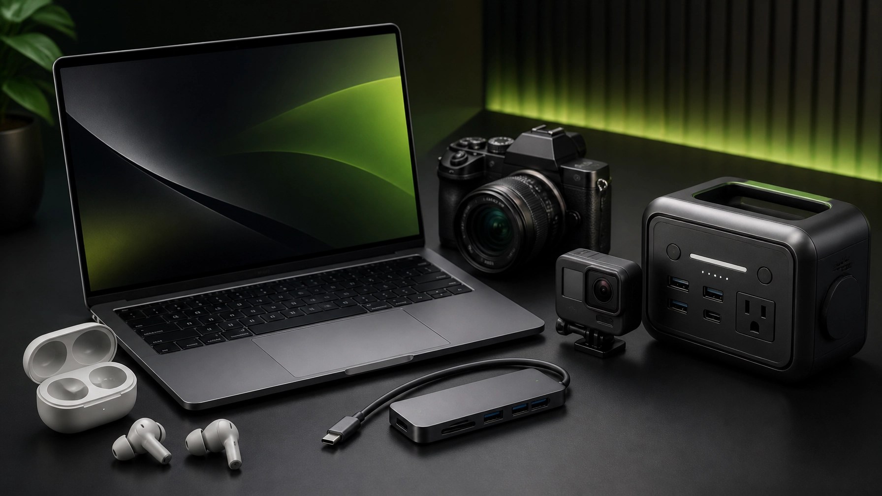 Laptop, mirrorless camera, action camera, earbuds, USB-C hub, and portable power station arranged for an electronics review