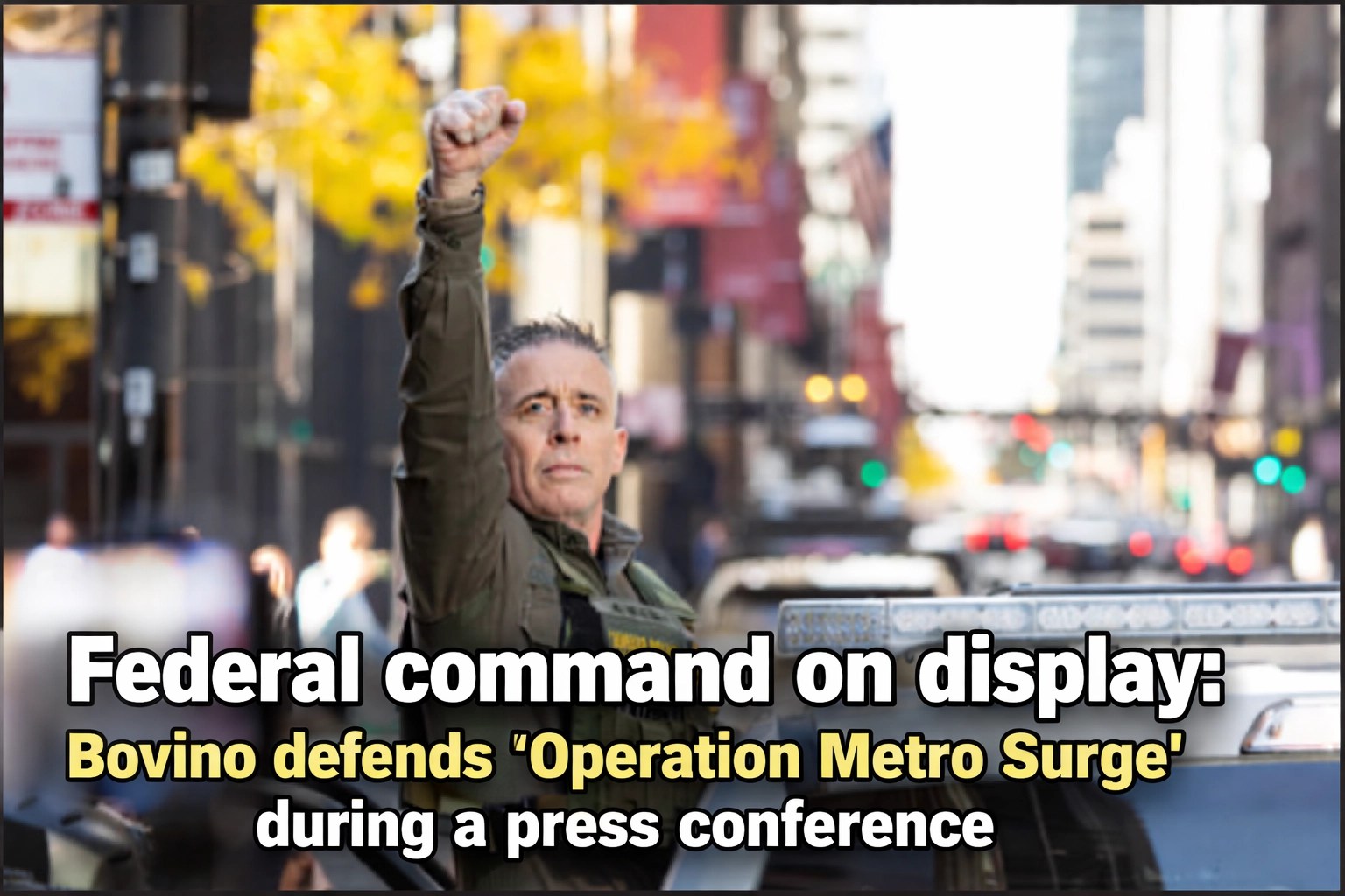 Federal law enforcement commander stands at podium in tactical gear during Minneapolis press conference
