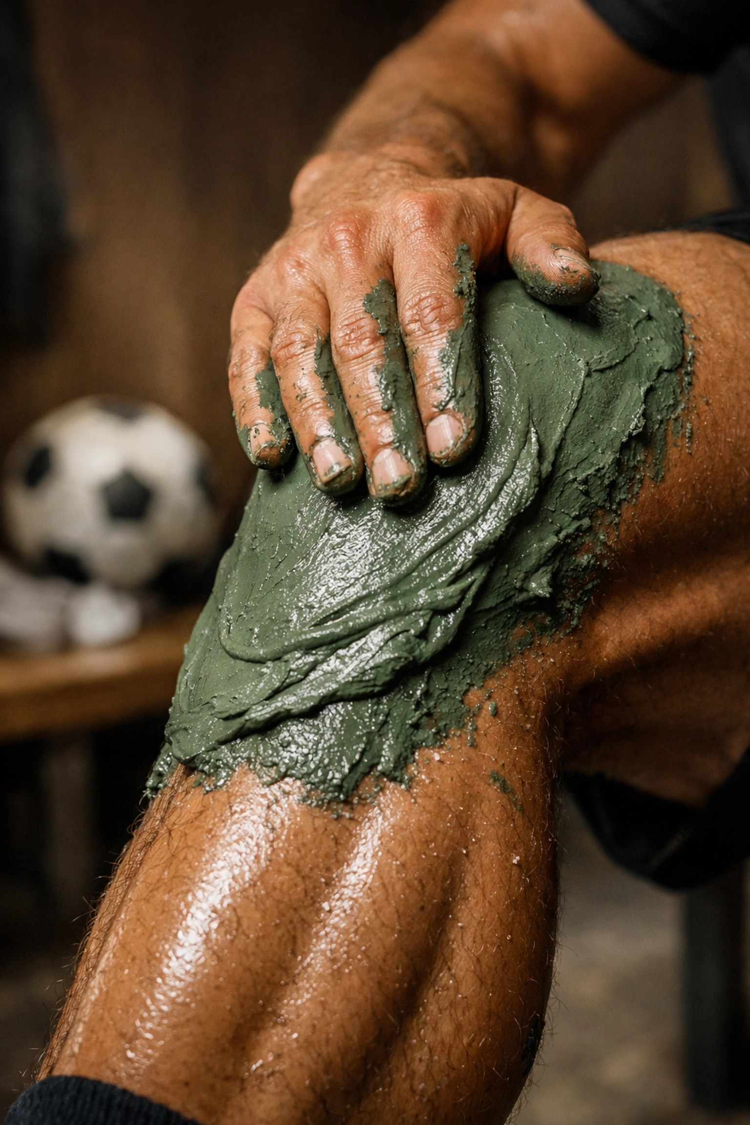 Green clay paste being applied to a soccer player's calf for shin splints and muscle recovery.