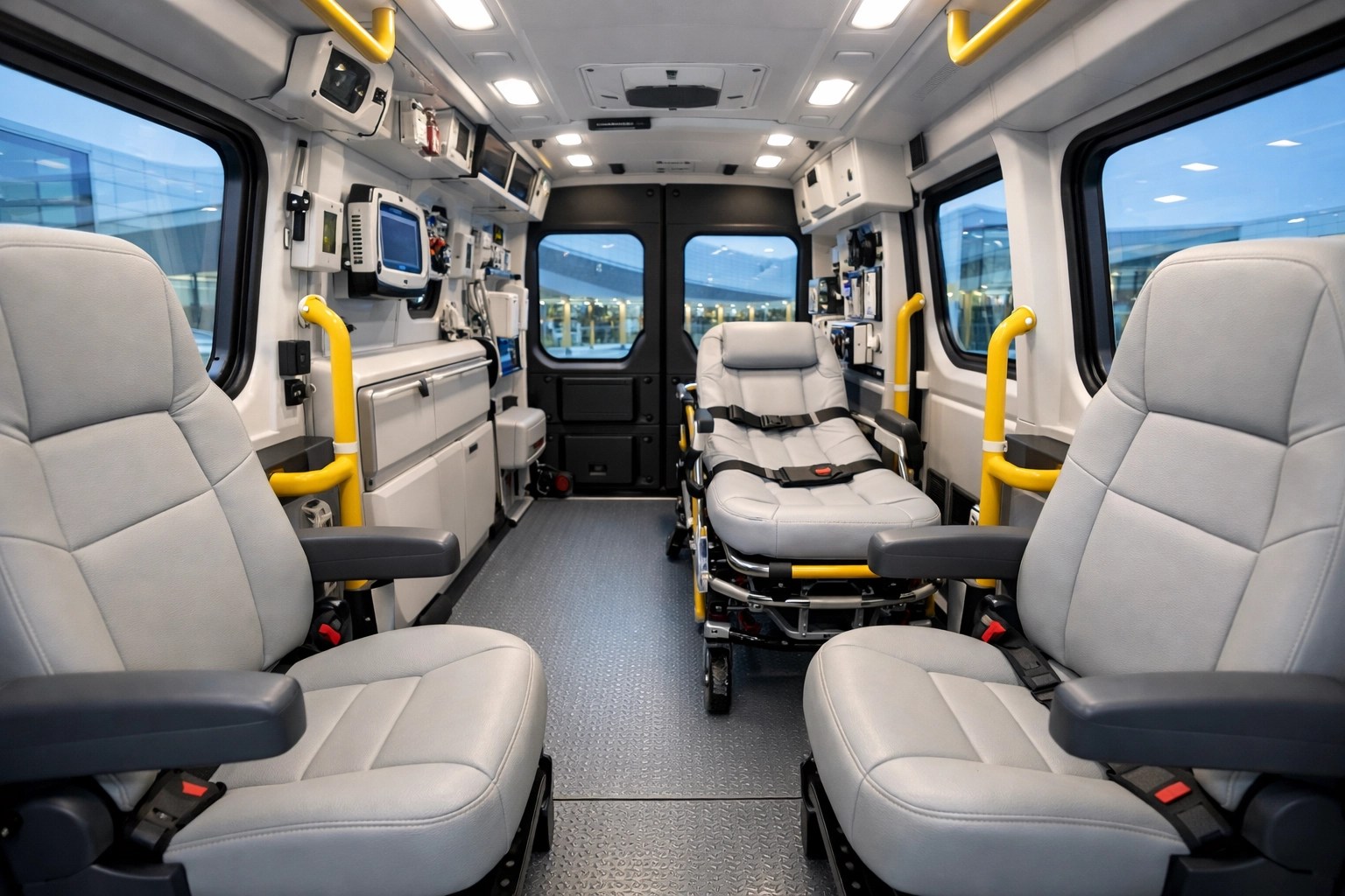 The clean, safe interior of a medical transport vehicle featuring specialized seating and safety handrails.