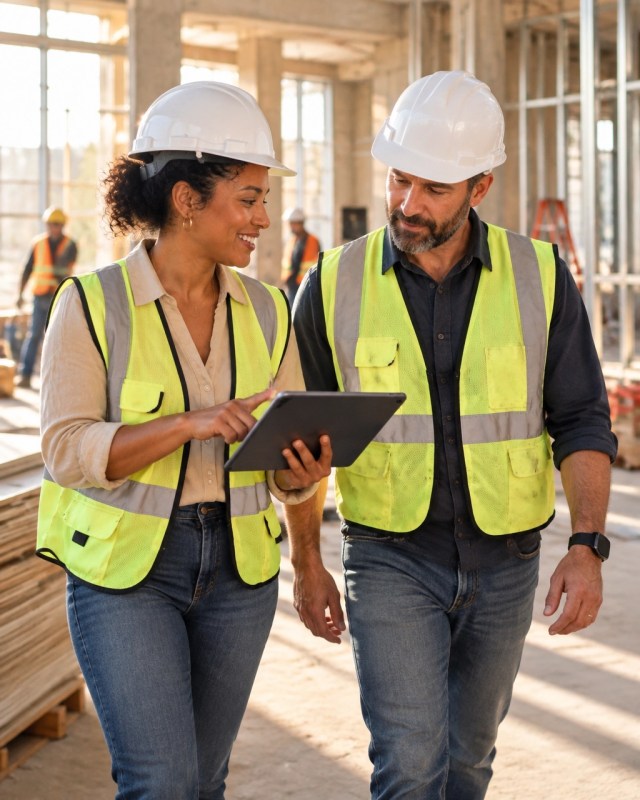 Project manager and field supervisor reviewing construction plans at an active job site