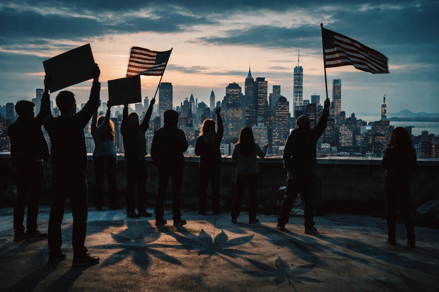 Diverse New Yorkers protest for cannabis legalization on a city rooftop, with the skyline and Statue of Liberty in the background.
