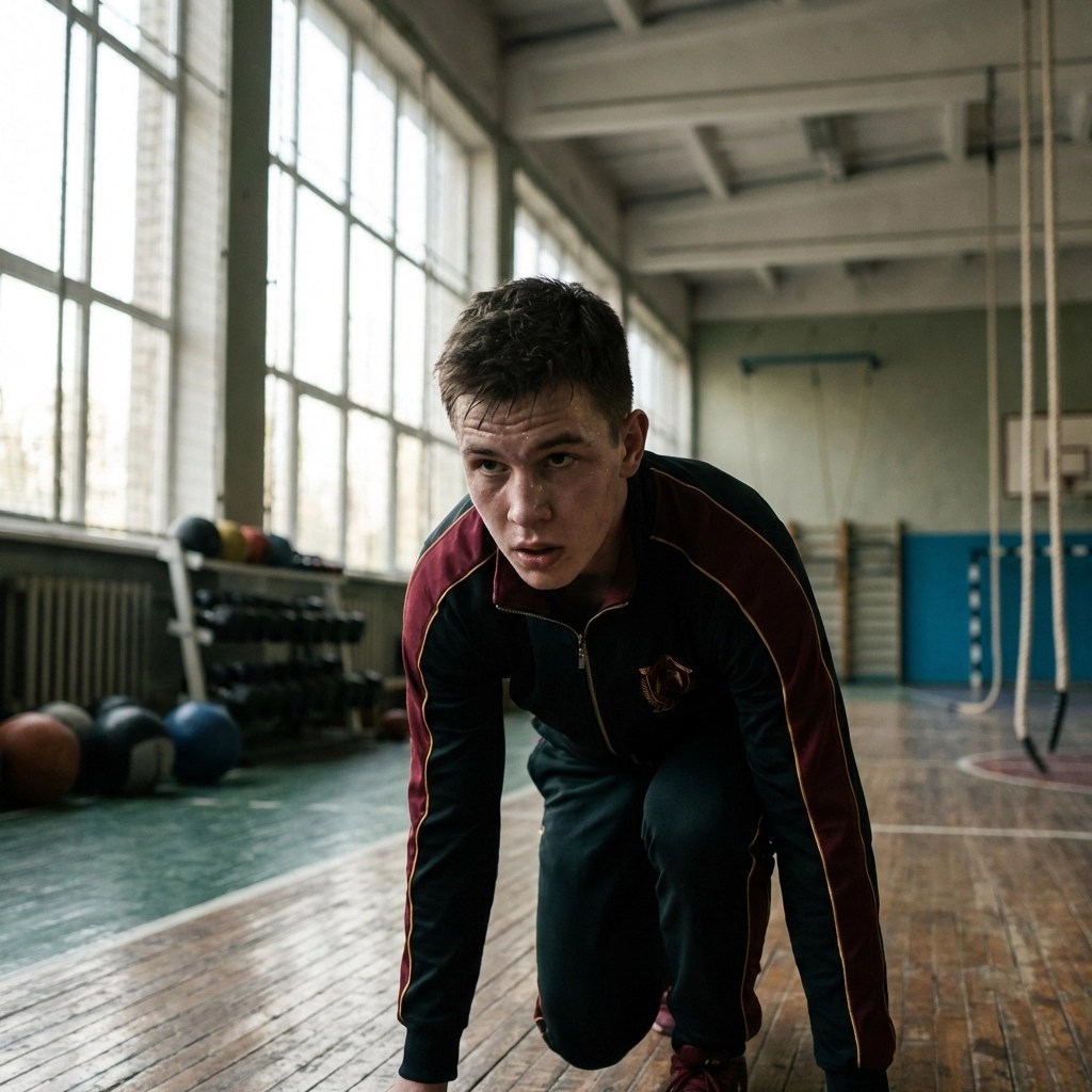 Youth athlete performing dynamic stretching routine on indoor training facility floor during off-season