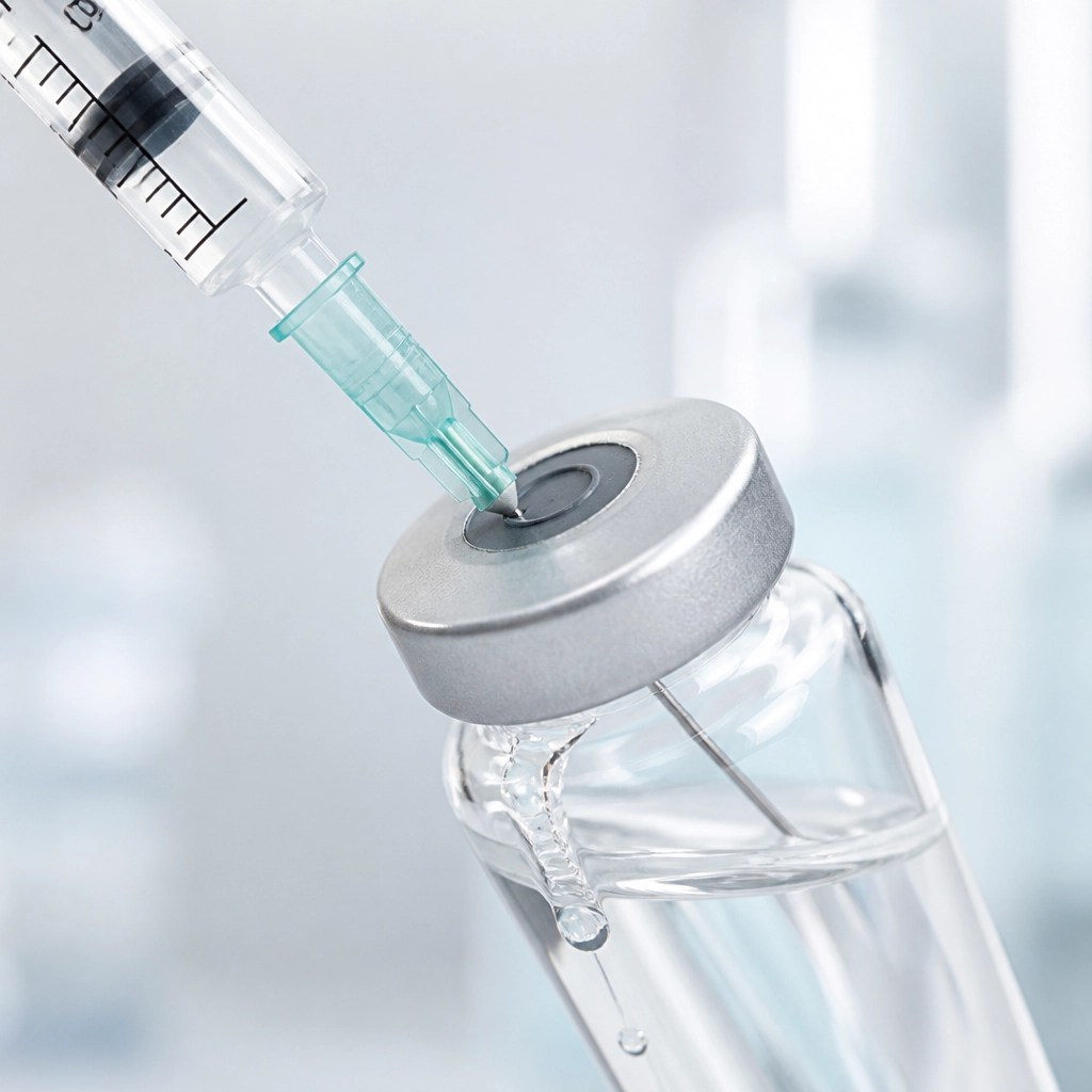 Macro shot of a syringe needle entering a vial at an angle
