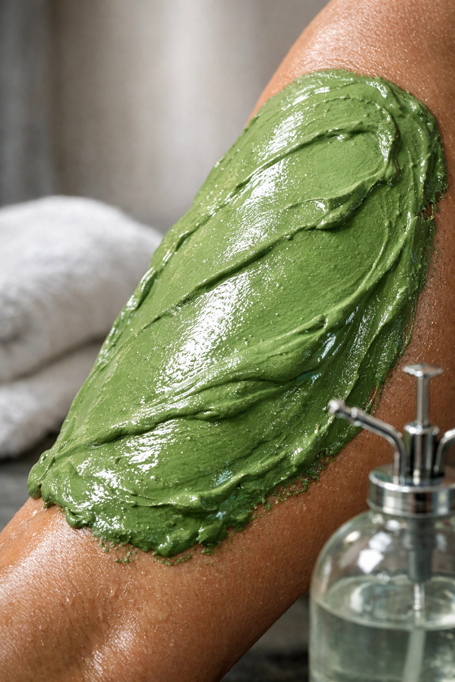 A thick layer of moist green French clay applied to an athlete's calf for muscle recovery and inflammation relief.