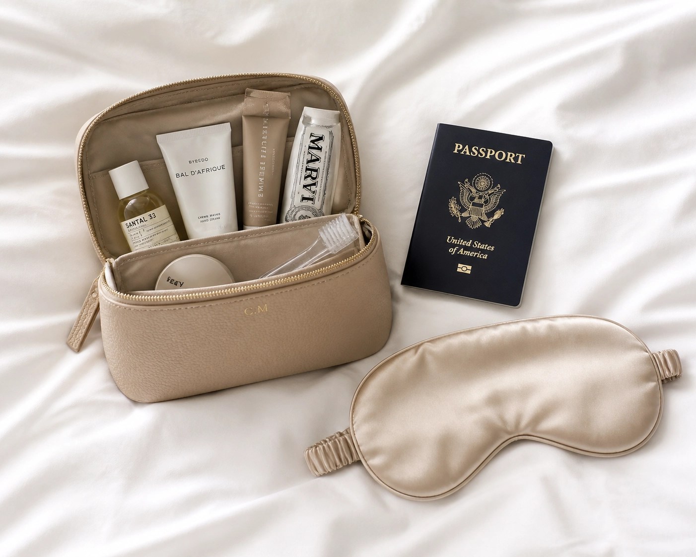 Travel medical kit with essential medicine and a passport on luxury hotel bedding.