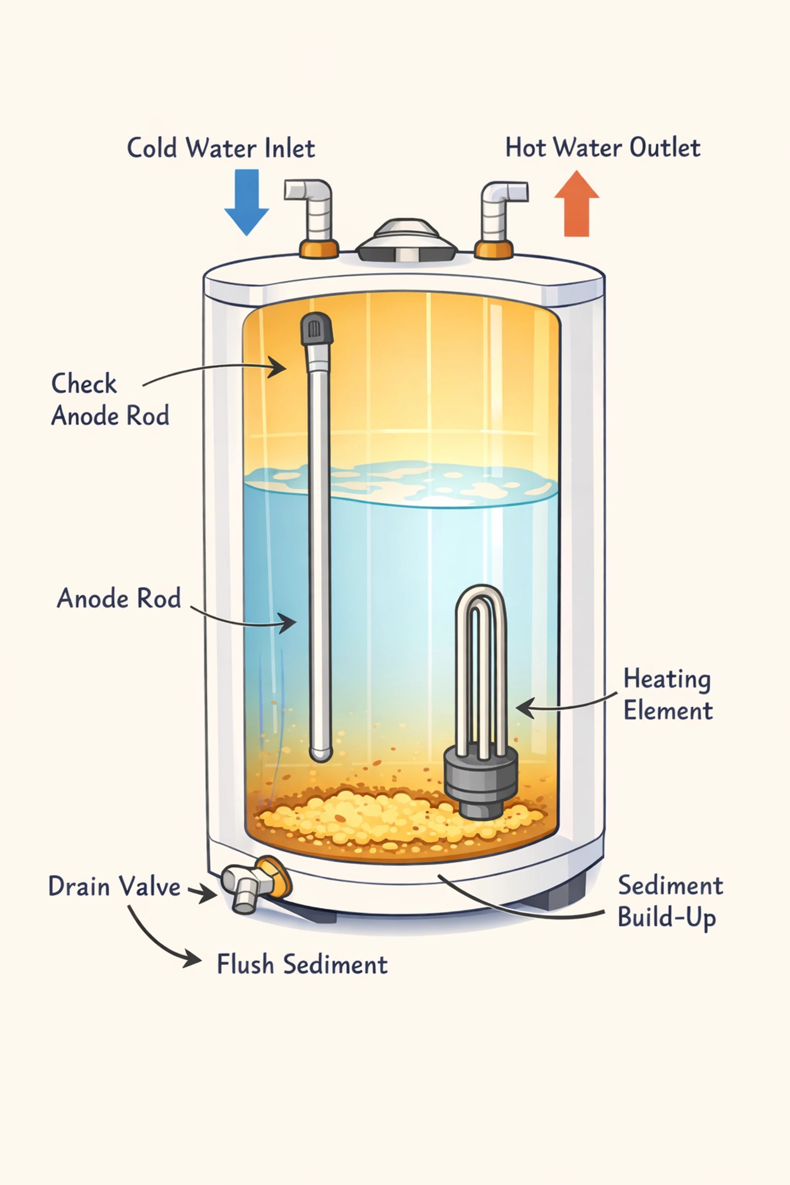 Water heater internal components diagram showing anode rod, heating element, and sediment buildup