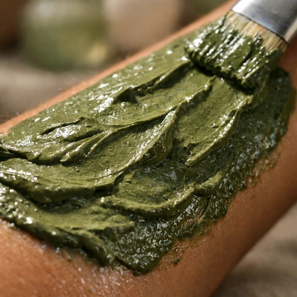Close-up of mineral-rich French green clay applied to skin for athletic muscle recovery.