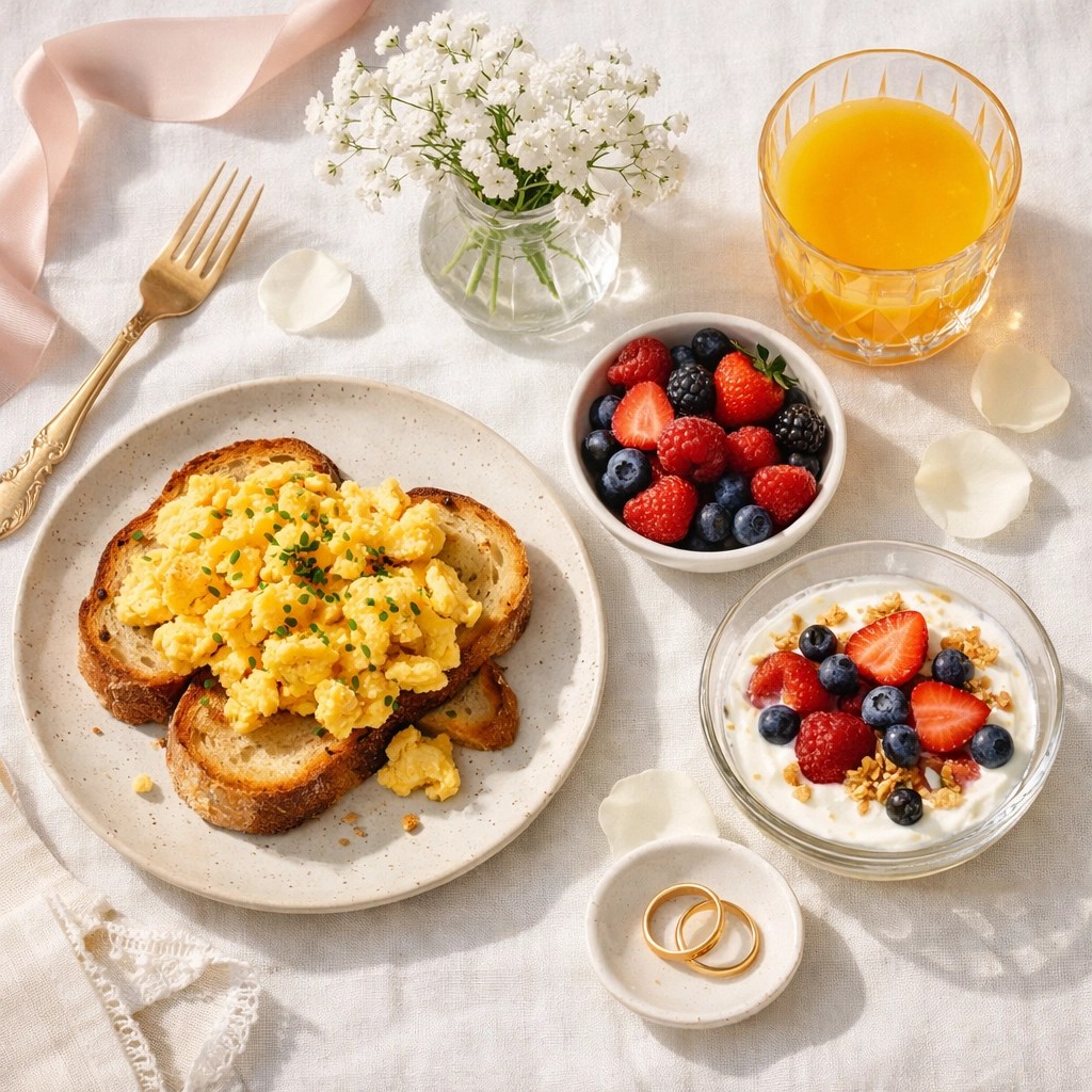 Healthy bridal breakfast spread with eggs, berries and yogurt for wedding morning energy