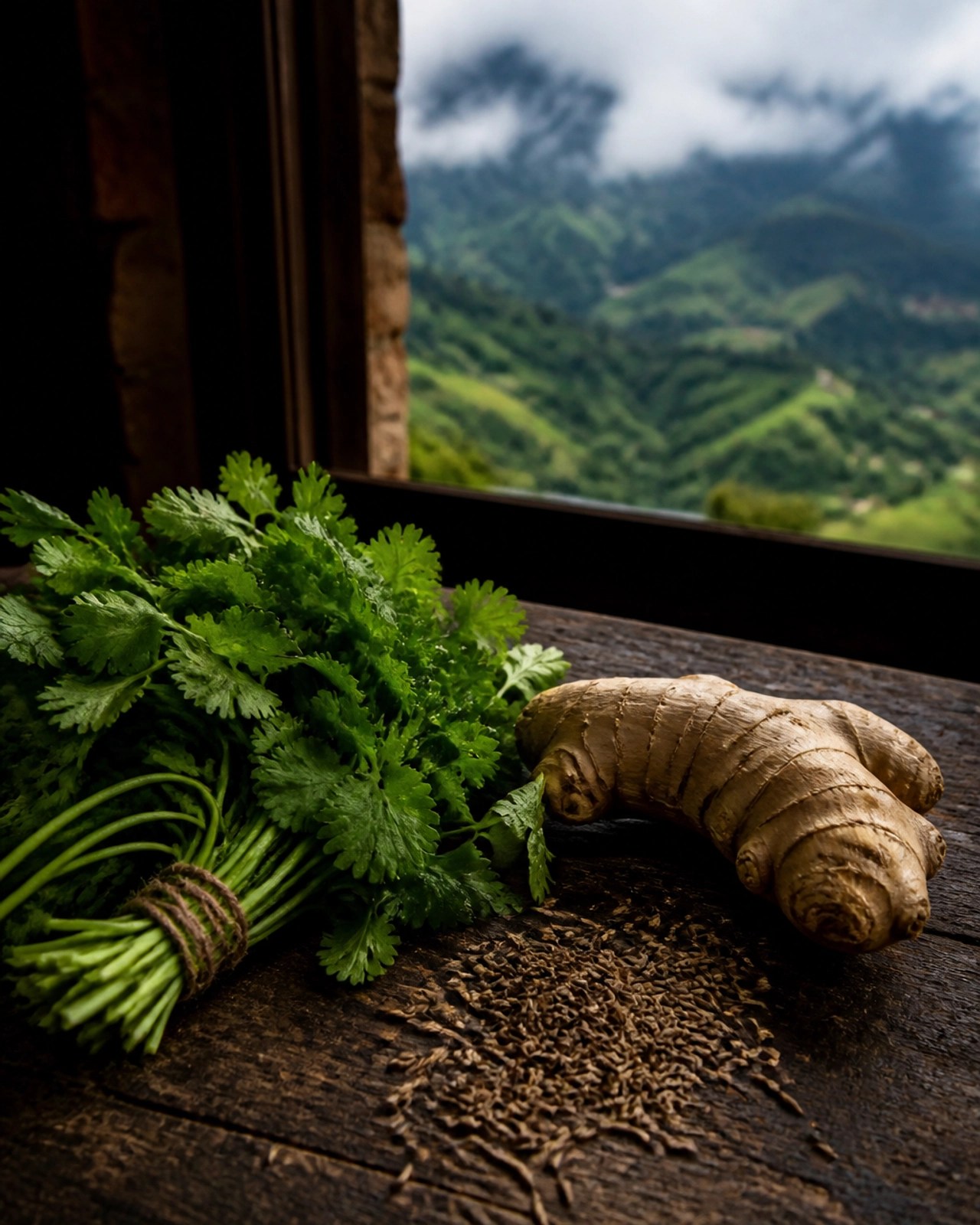 Ingredientes locales colombianos como jengibre y hierbas que ayudan a equilibrar el fuego digestivo.