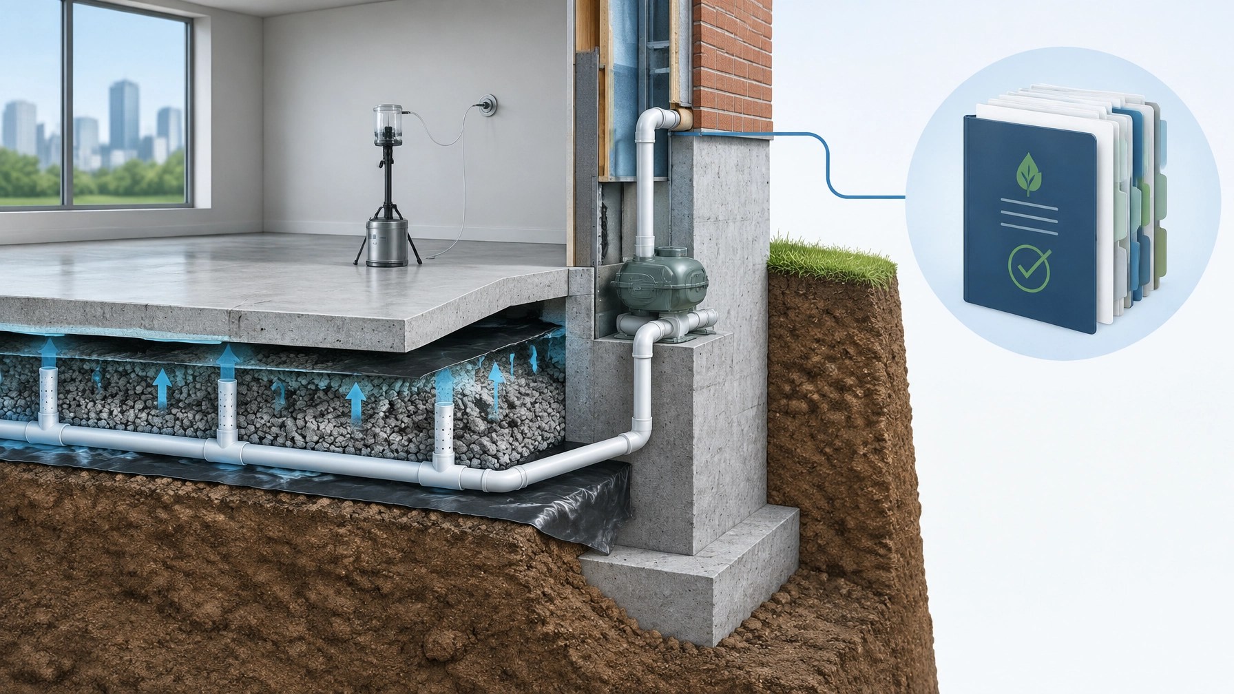 Urban foundation cutaway showing vapor barrier, sub-slab depressurization, indoor air sampling, and engineering controls
