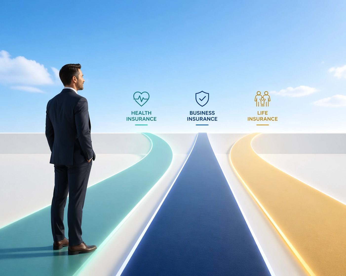 Business owner confidently choosing between different health insurance plan pathways and options.