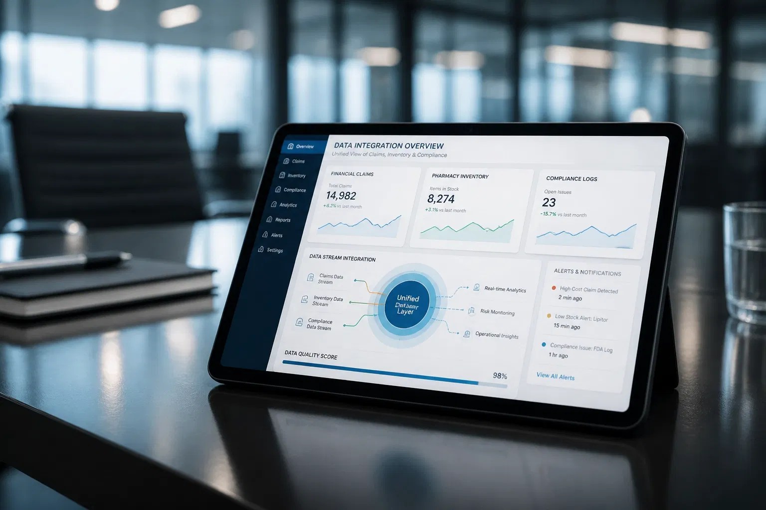 Tablet displaying pharmacy data dashboard with real-time analytics for financial claims