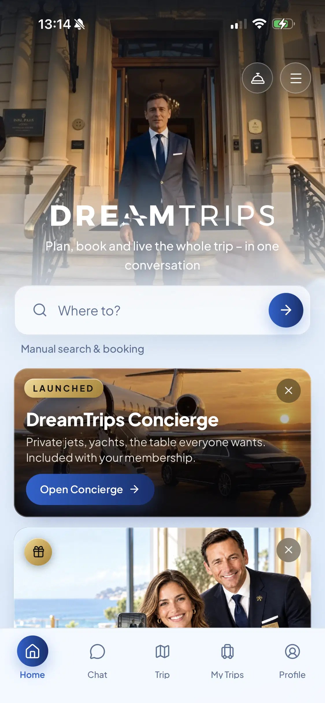 DreamTrips AI app home screen showing the trip search, DreamTrips Concierge and booking options