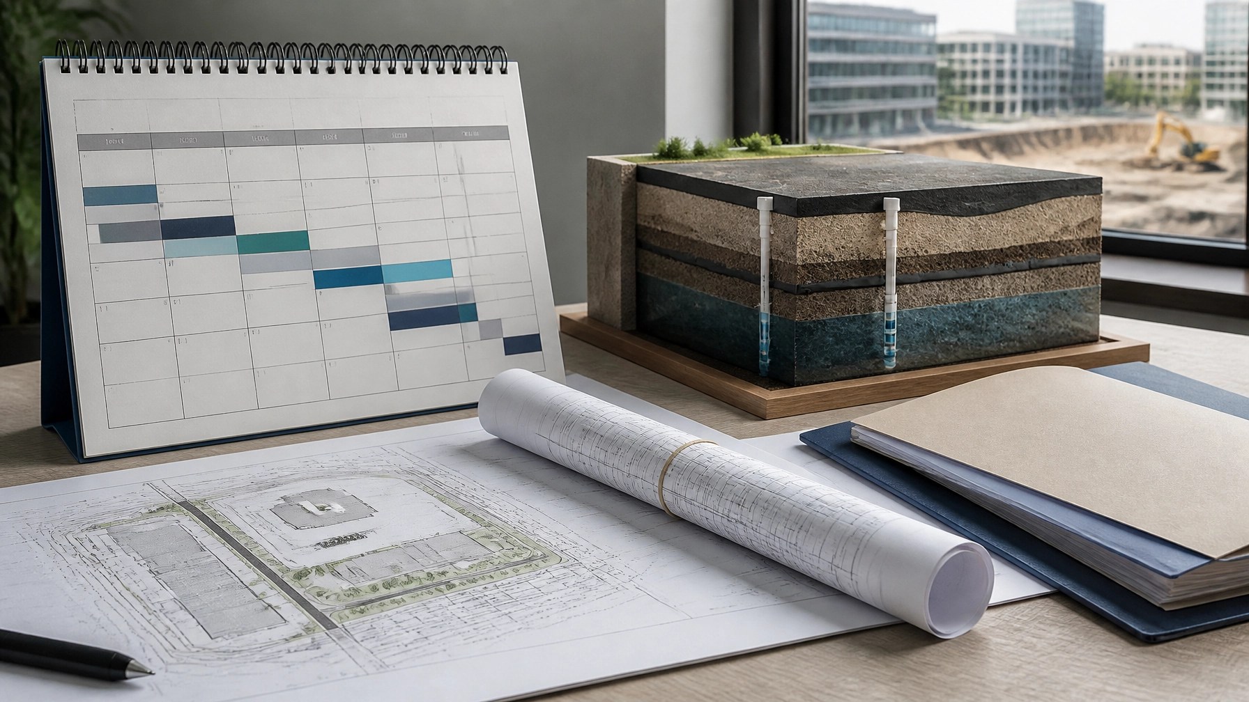 New Jersey transaction planning desk with site plans, legal documents, remedial action materials, and engineering control details