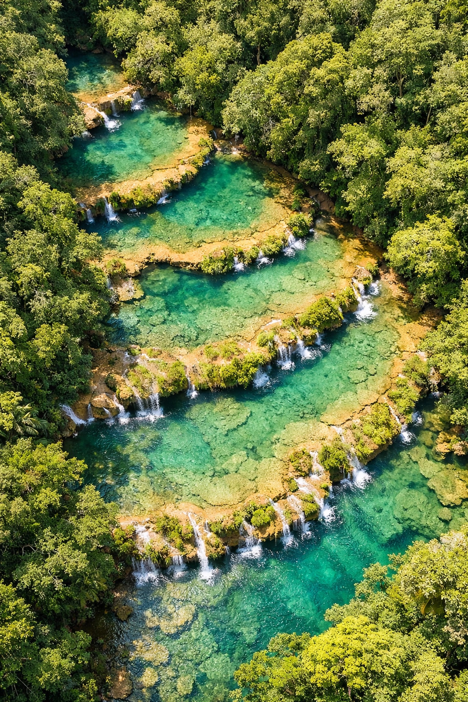 Aerial view of tiered turquoise limestone pools at Semuc Champey, a hidden gem destination in the Guatemalan jungle.