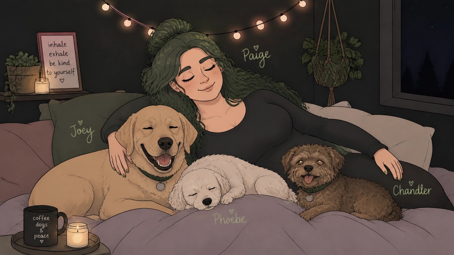 Paige and her dogs resting peacefully in a dark, cozy room with string lights.