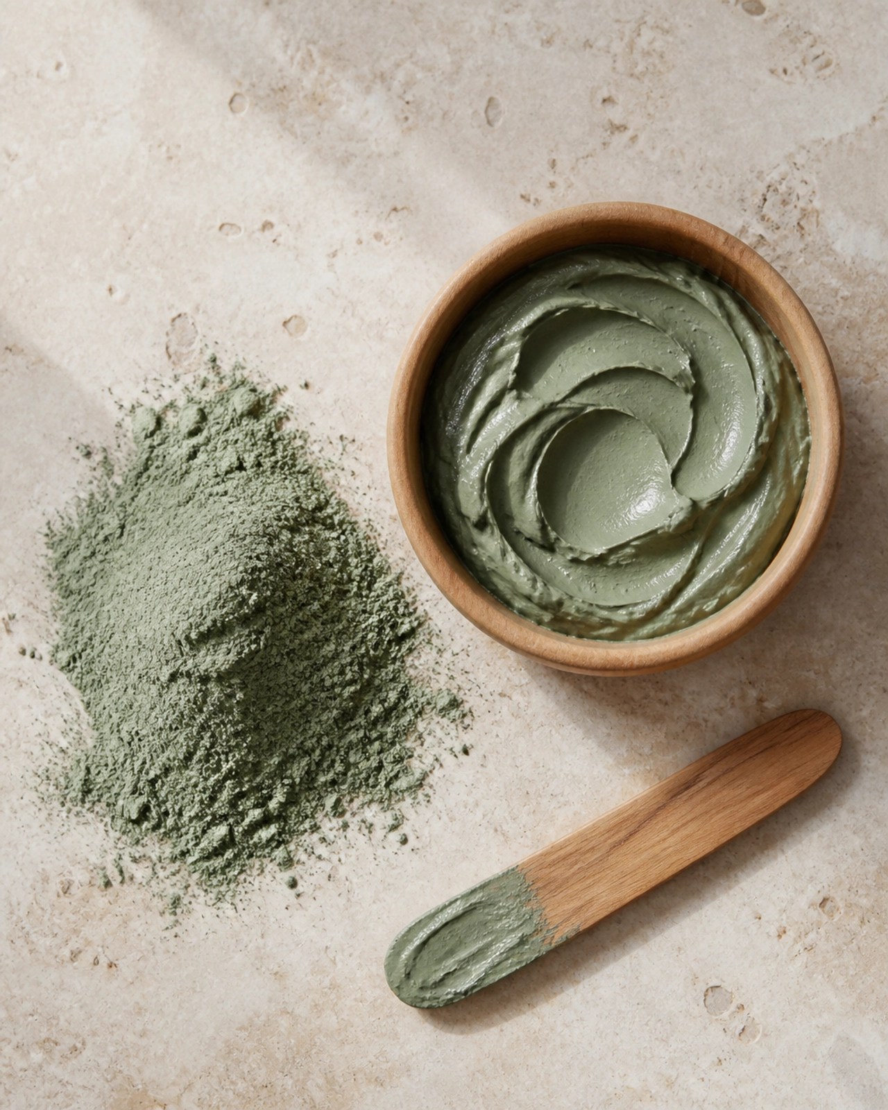 A flat lay of dry green clay powder and mixed clay paste with a wooden spoon