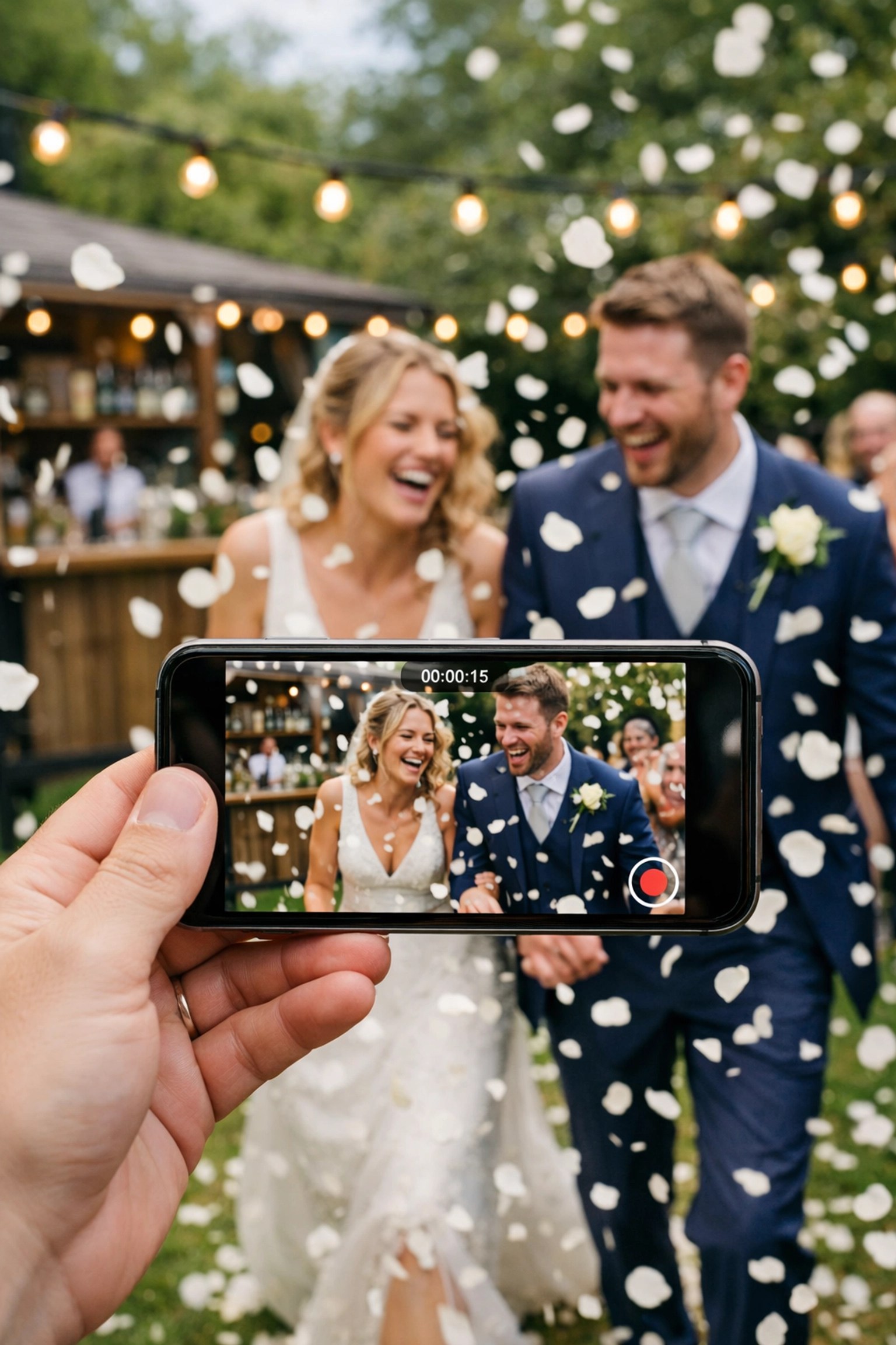 Capturing modern wedding traditions with a smartphone video at a chic Kent garden reception.