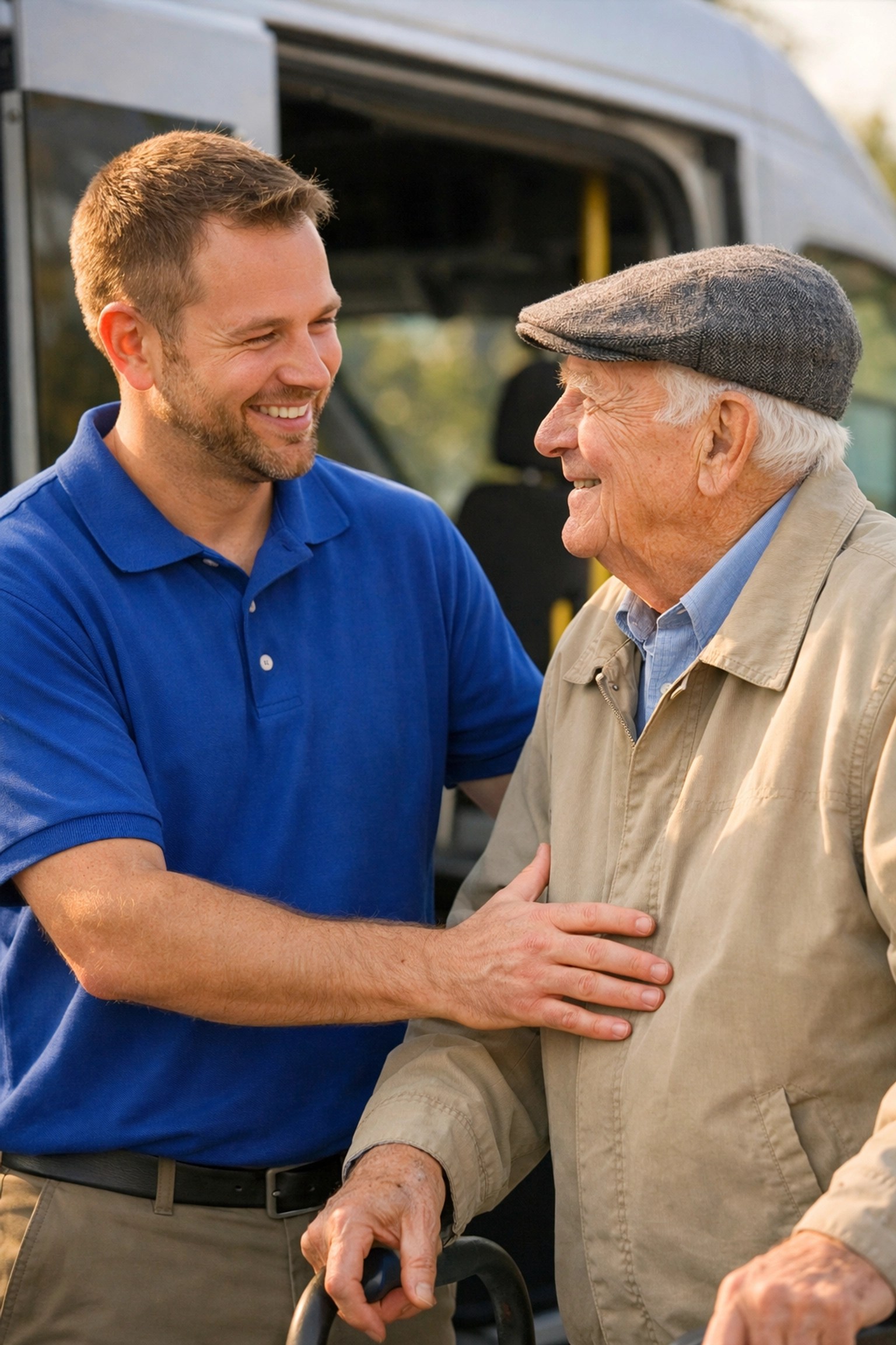 Medical transport driver providing door-to-door assistance to an elderly passenger.