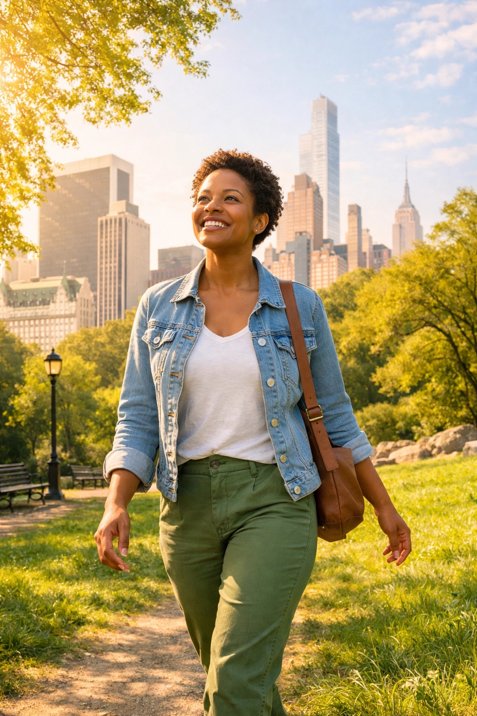 An empowered resident enjoying a New York park after finding the right individual health insurance plan.