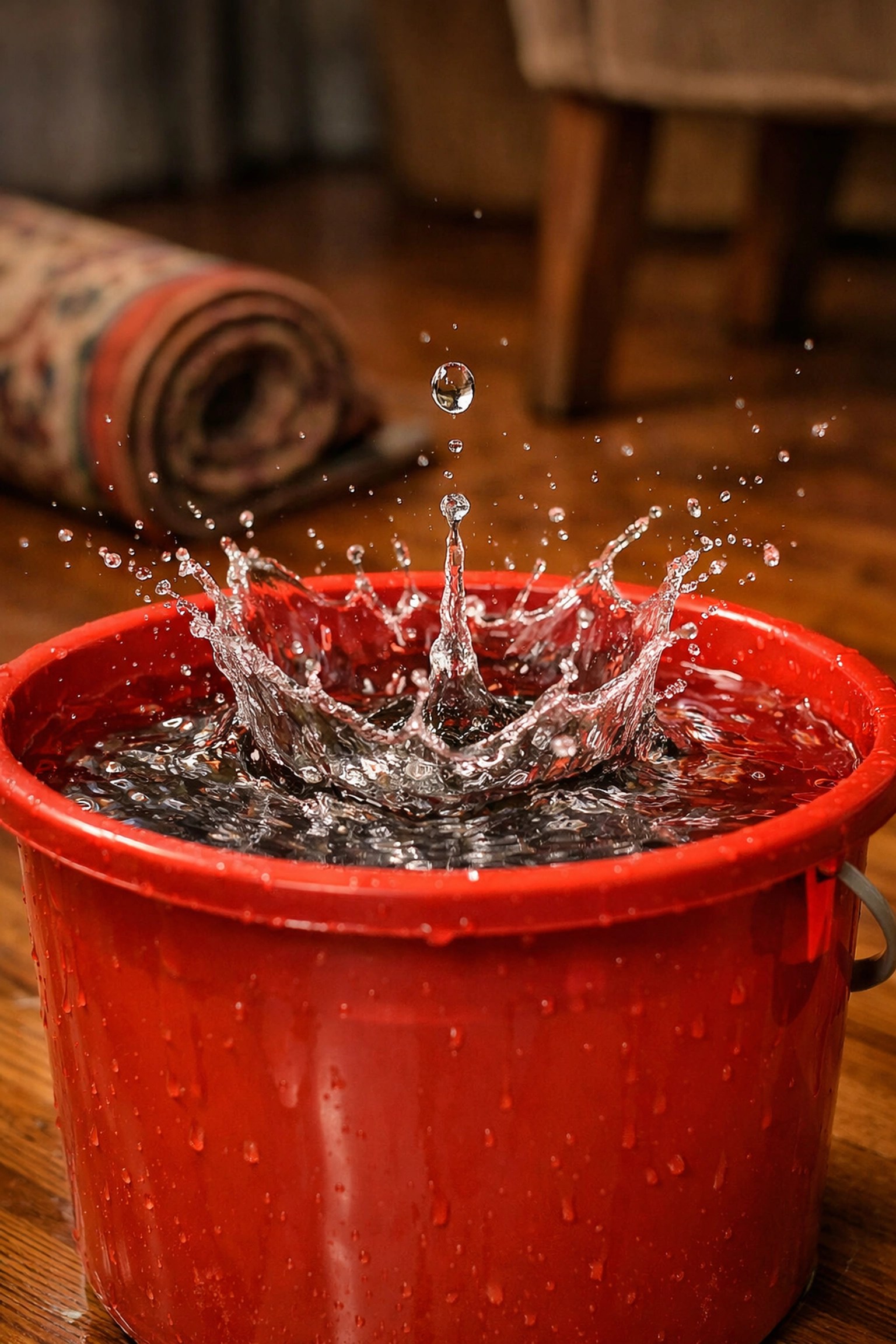 Collecte d'une fuite d'eau dans un seau pour protéger la structure de la maison.