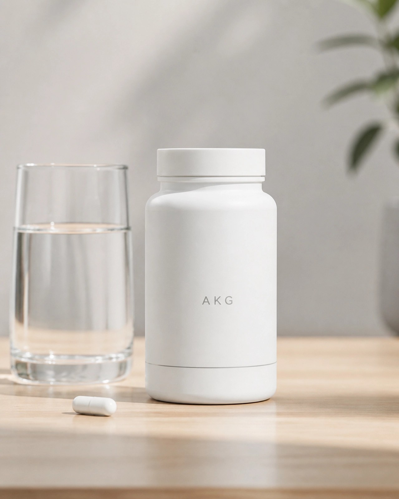 Minimalist product photography of a premium AKG bottle