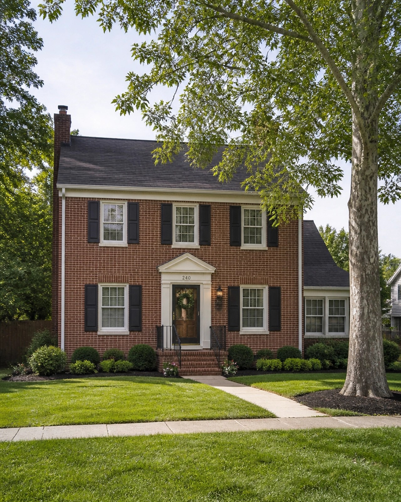 A high-end, professional photo of a classic two-story brick single-family home in Miamisburg, Ohio, featuring a well-maintained yard and mature trees.