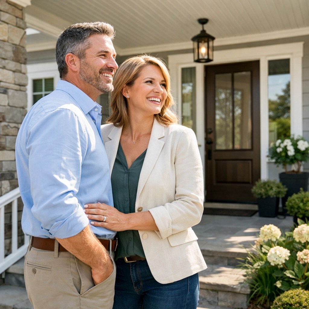 Happy homeowners on the porch of a modern house in Ohio following a successful real estate transaction.