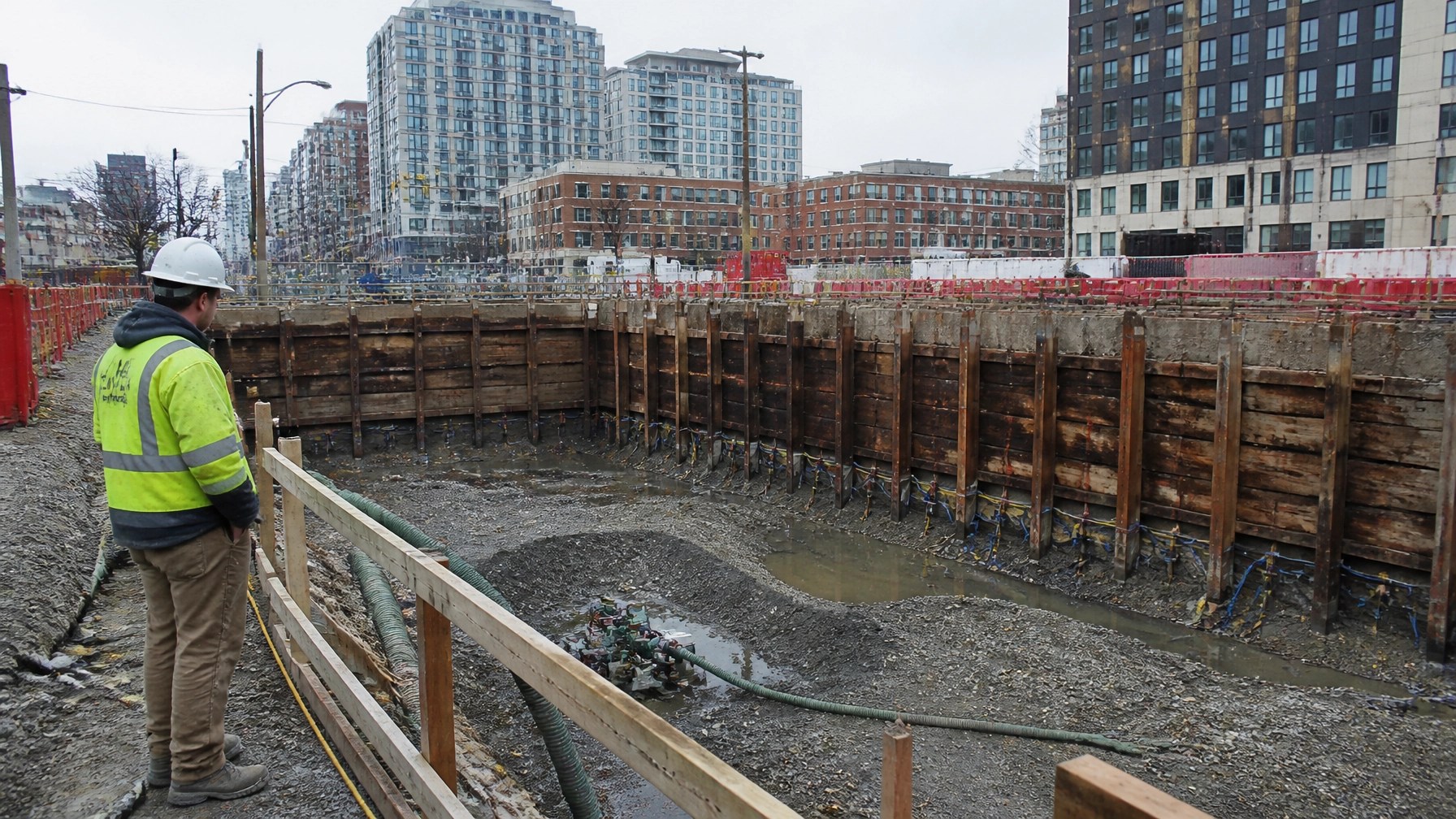Urban Jersey City foundation excavation with soldier piles, lagging, groundwater control, and field engineering oversight