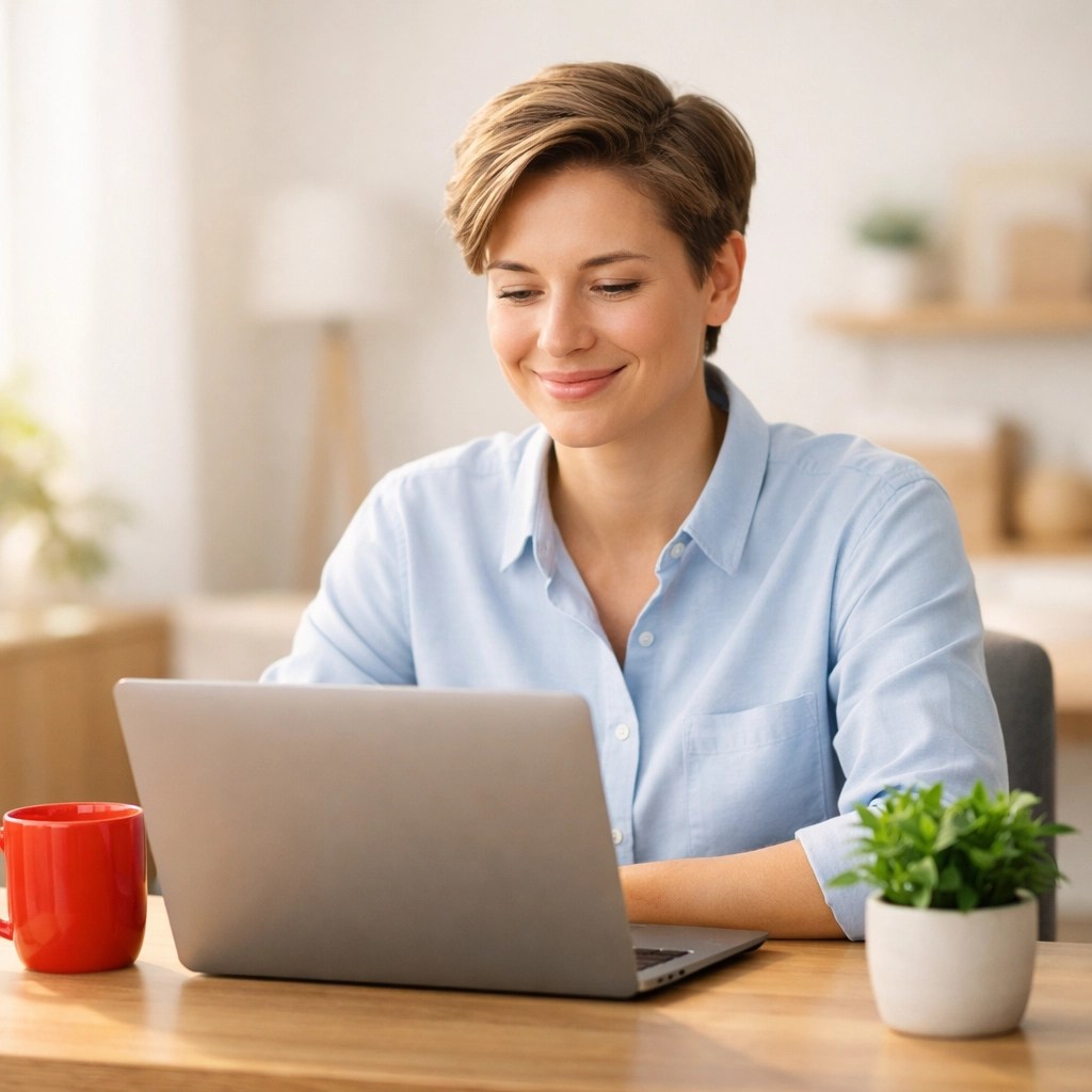 Business professional at a clean desk experiencing operational clarity through automated workflows and streamlined systems.