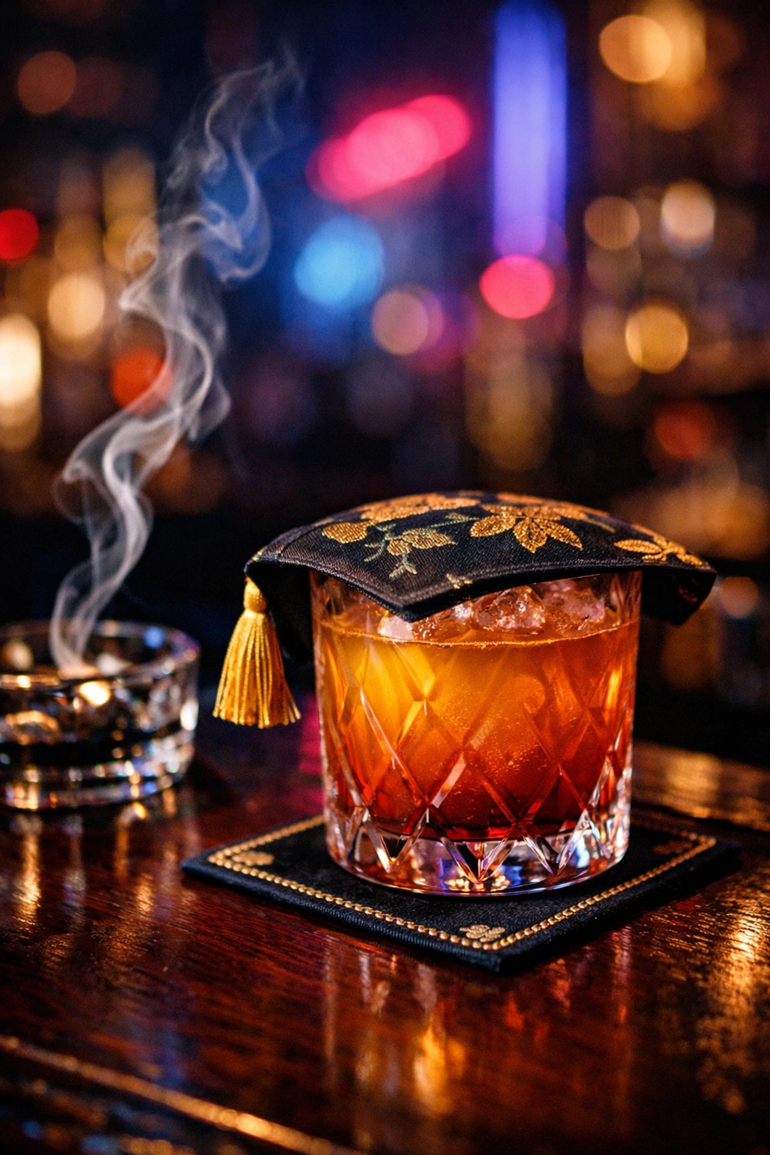 Travel safety tip: a cocktail glass covered with a coaster in a luxury bar setting.