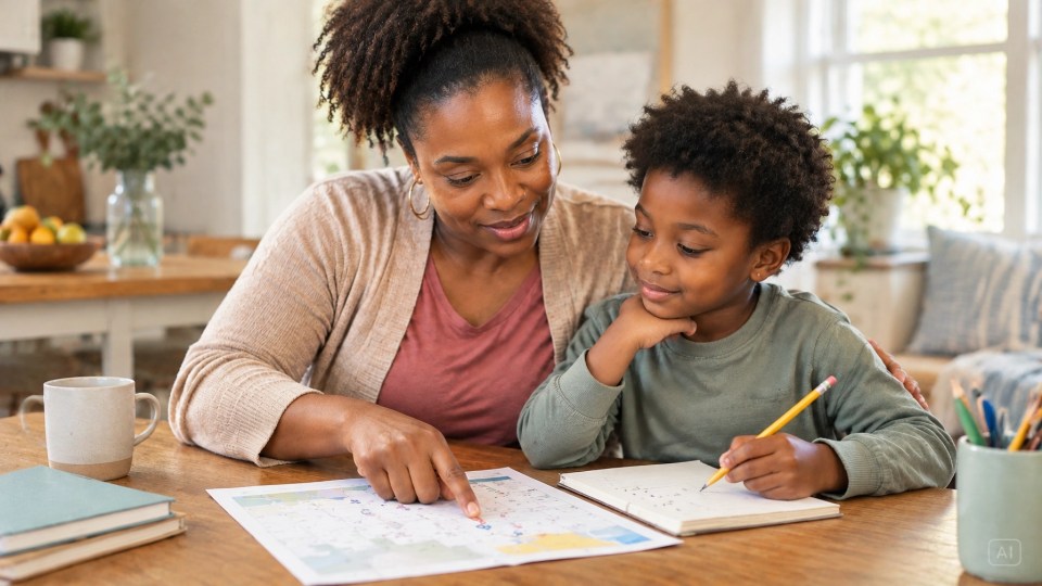A black mother and son plan for a school transition together at their kitchen table.