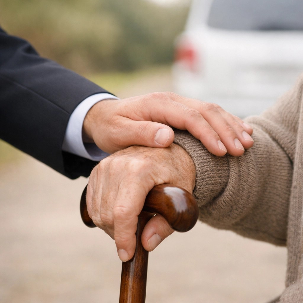 Swift Ryde driver offering door-to-door assistance to a senior patient using a mobility cane.
