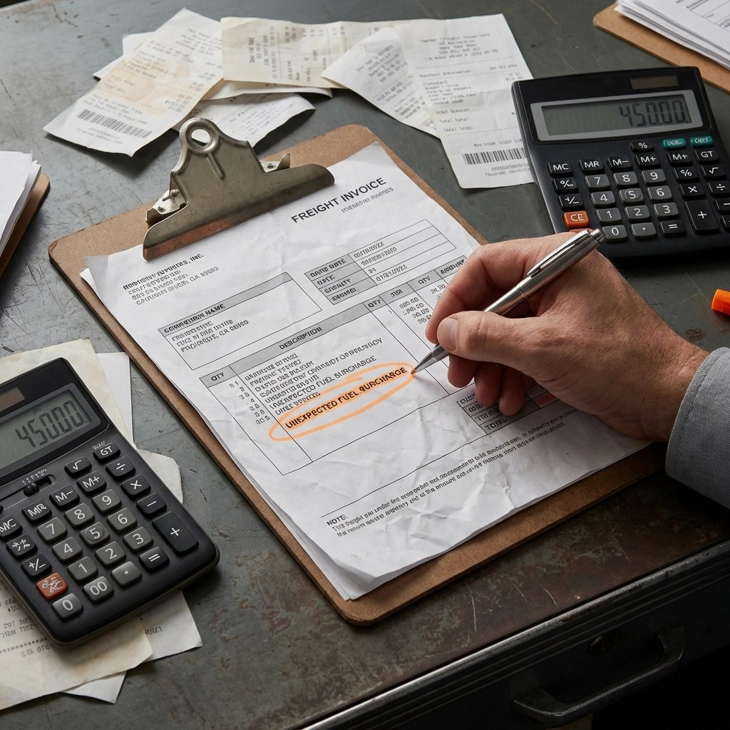 Freight invoice with unexpected charges highlighted to show hidden costs in flatbed shipping