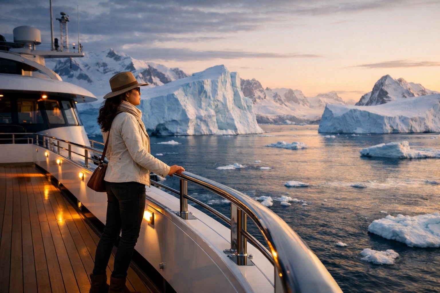 Solo female traveler on luxury expedition ship deck viewing Antarctic icebergs at sunset