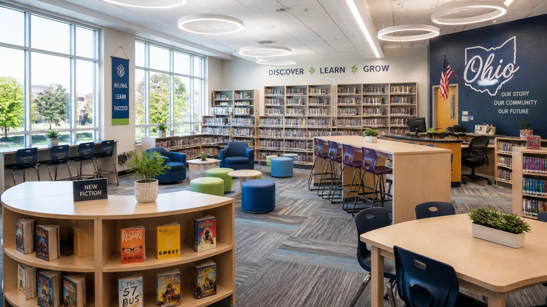 A bright, modern school library representing the high-quality educational environment found in top-tier Montgomery County school districts.