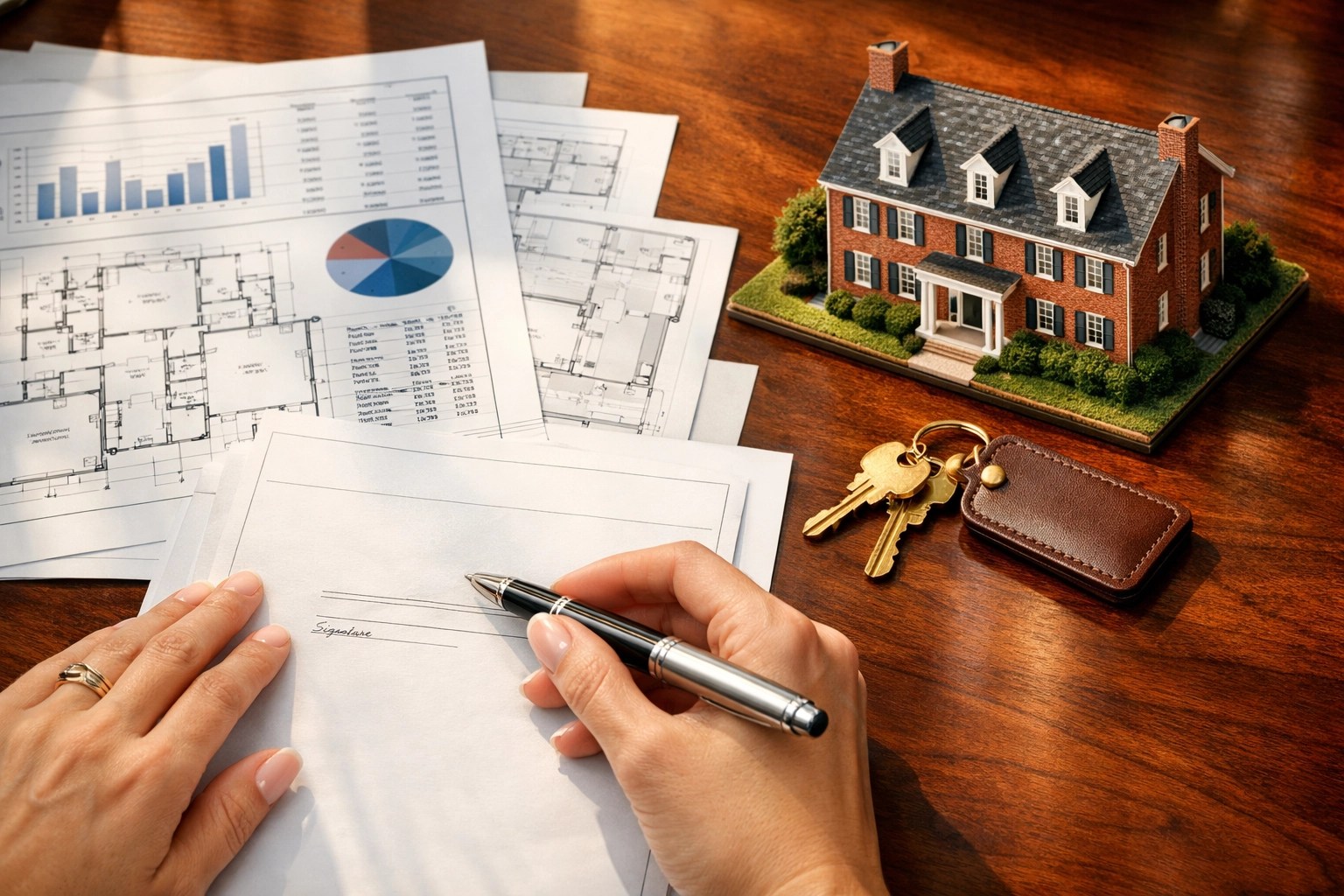 A strategic buyer signing real estate documents for a Maryland home purchase with house keys and blueprints.