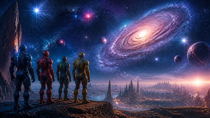 Futuristic heroes in sleek colorful armor gazing out at a magnificent galaxy